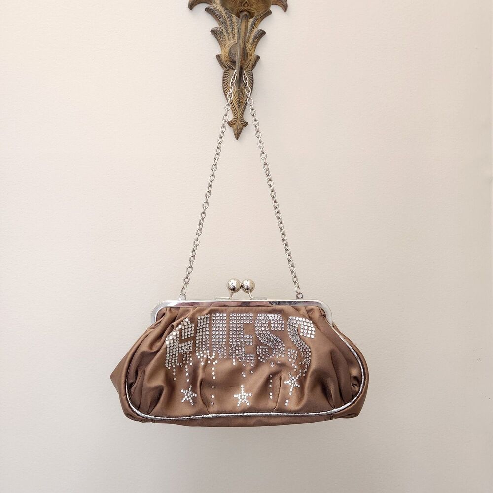 Vtg Early 2000s/y2k Dripping Rhinestone Brown Guess Clutch Purse W/ Chain Strap